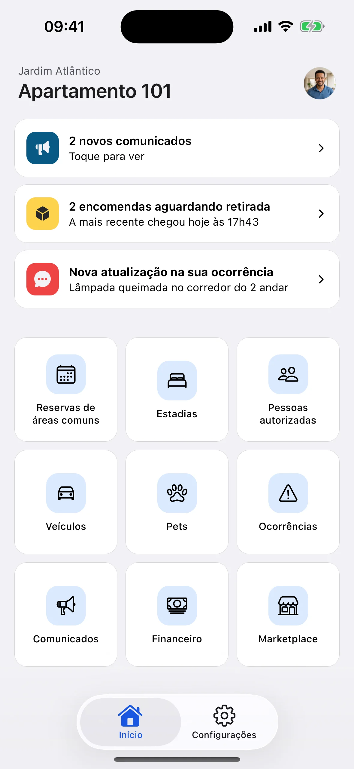 Tela do aplicativo CondoPrático para moradores (tema claro)
