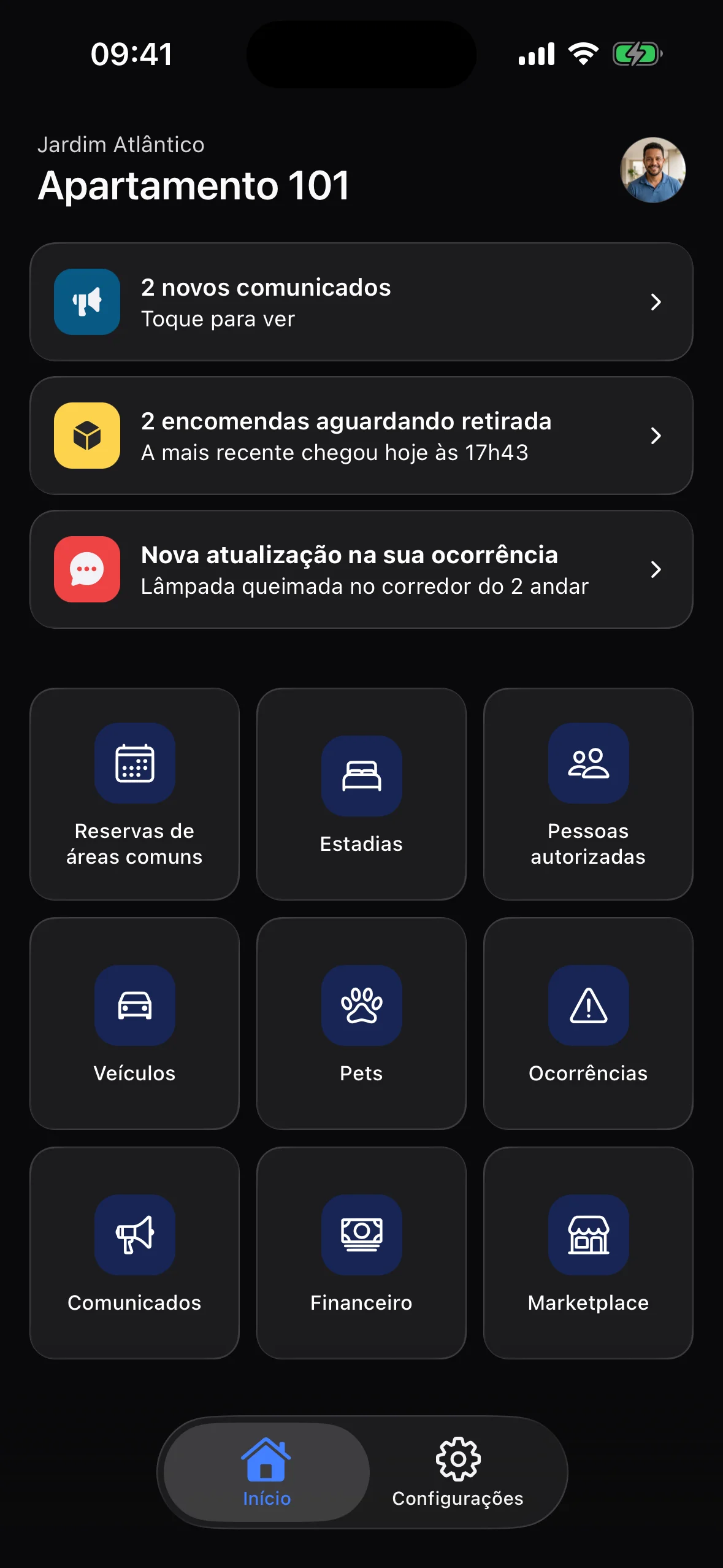 Tela do aplicativo CondoPrático para moradores (tema escuro)