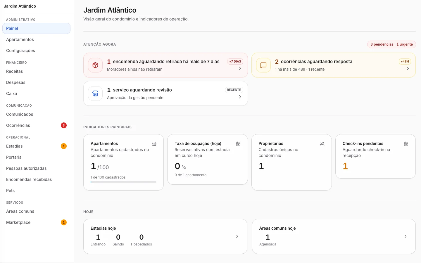 Captura de tela do painel web do CondoPrático